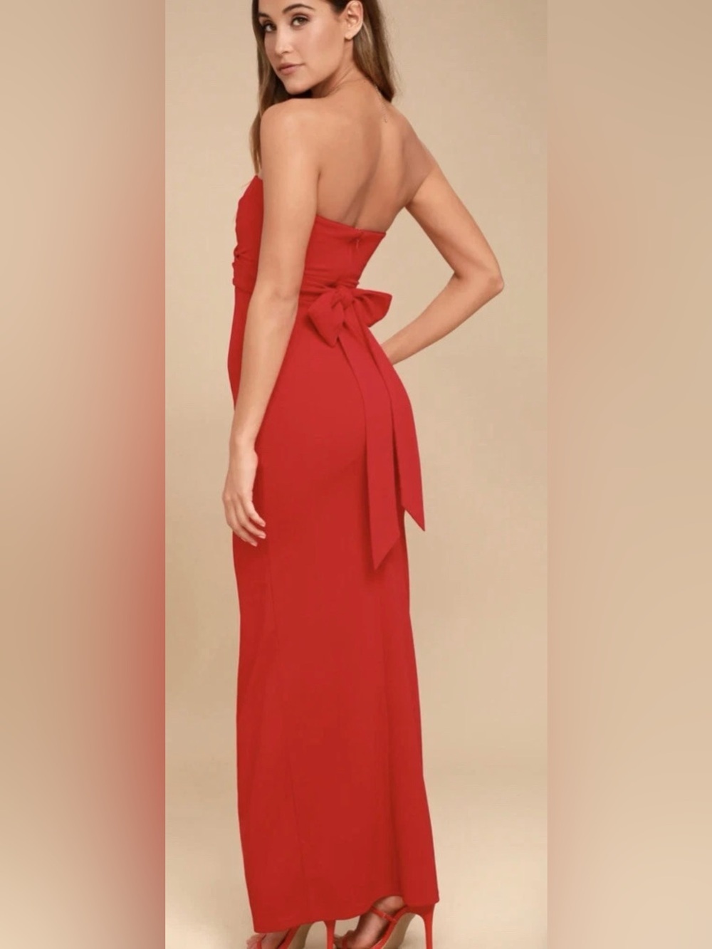 Lulu's Red Strapless Front Slit Bow-Back Gown